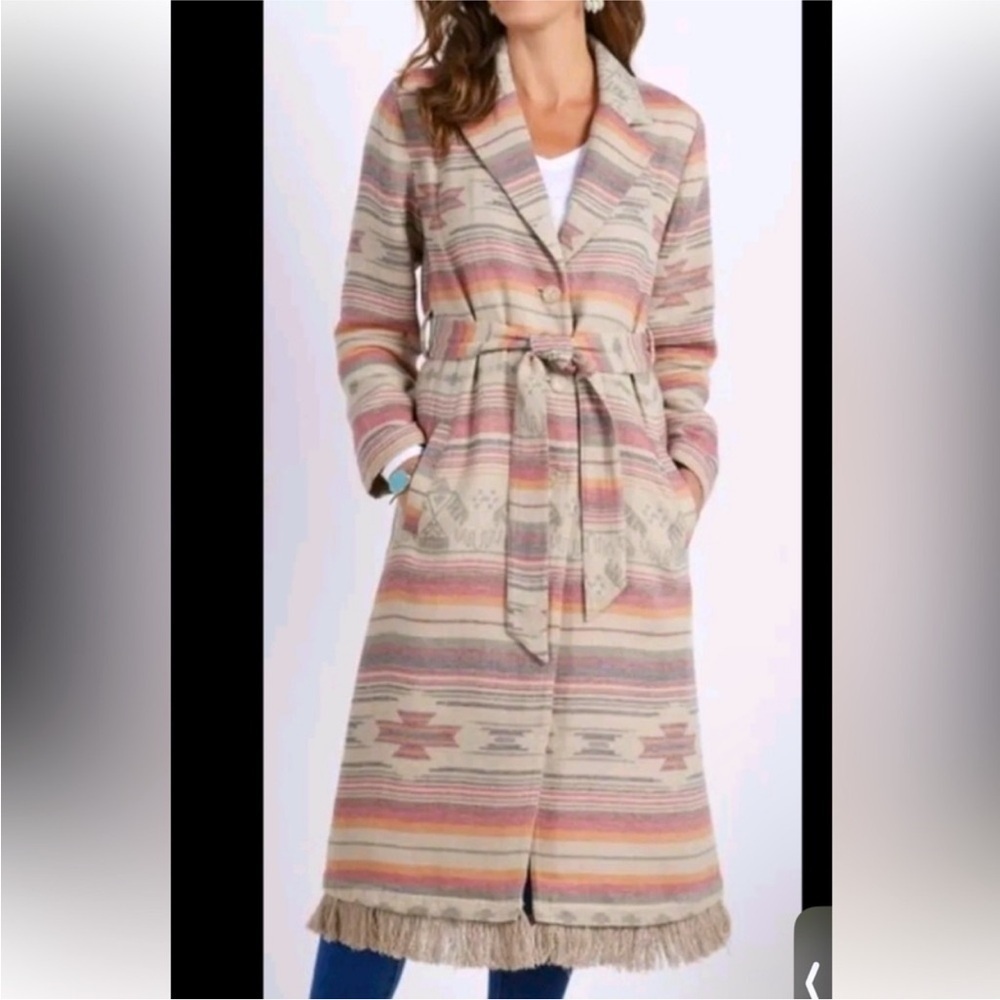 Soft Surroundings Western Ranch House Aztec Fringe Coat JacketBoho Tribal Duster